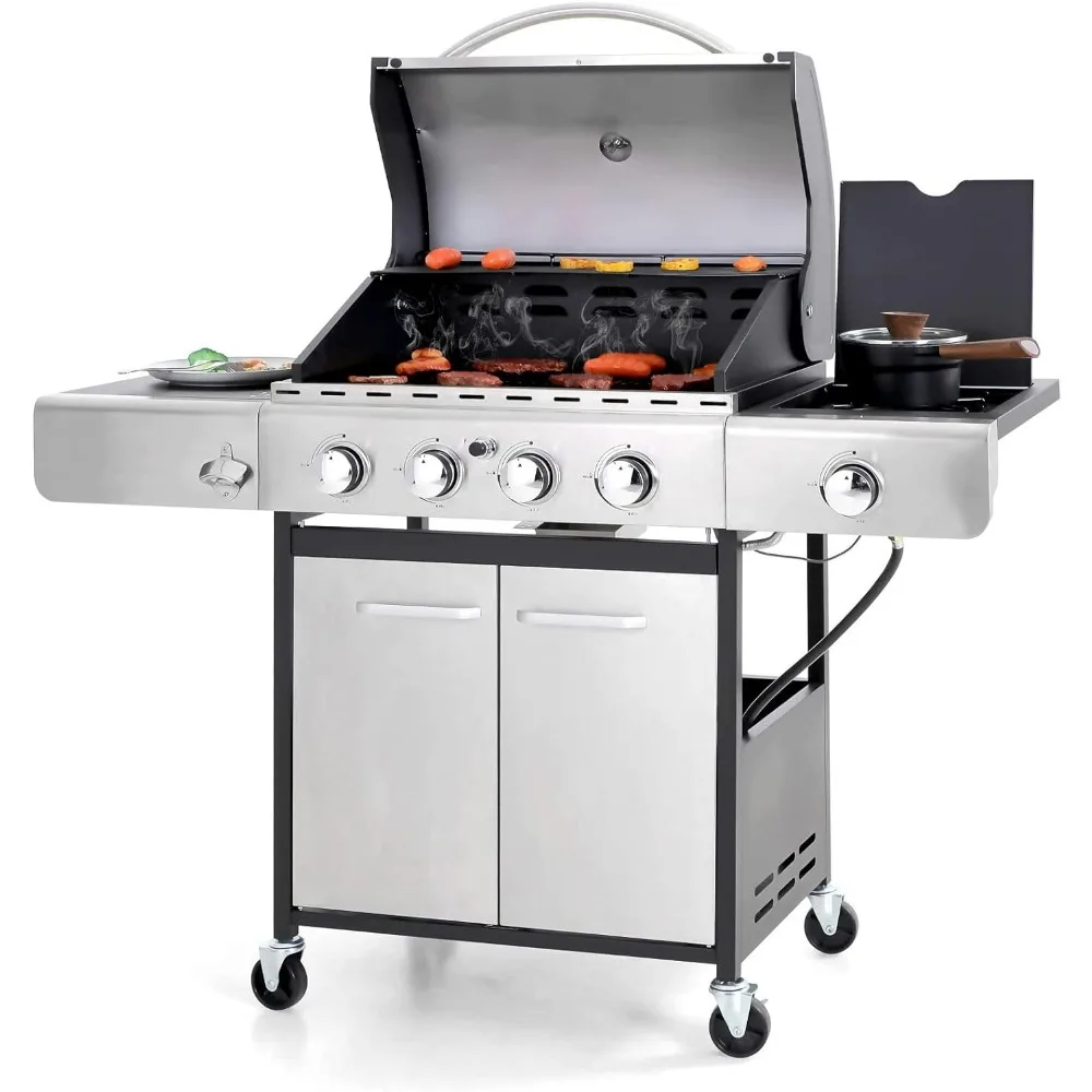 4-Burner Gas BBQ Grill with Side Burner and Porcelain-Enameled Cast Iron Grates 42,000BTU,Garden Barbecue Grills