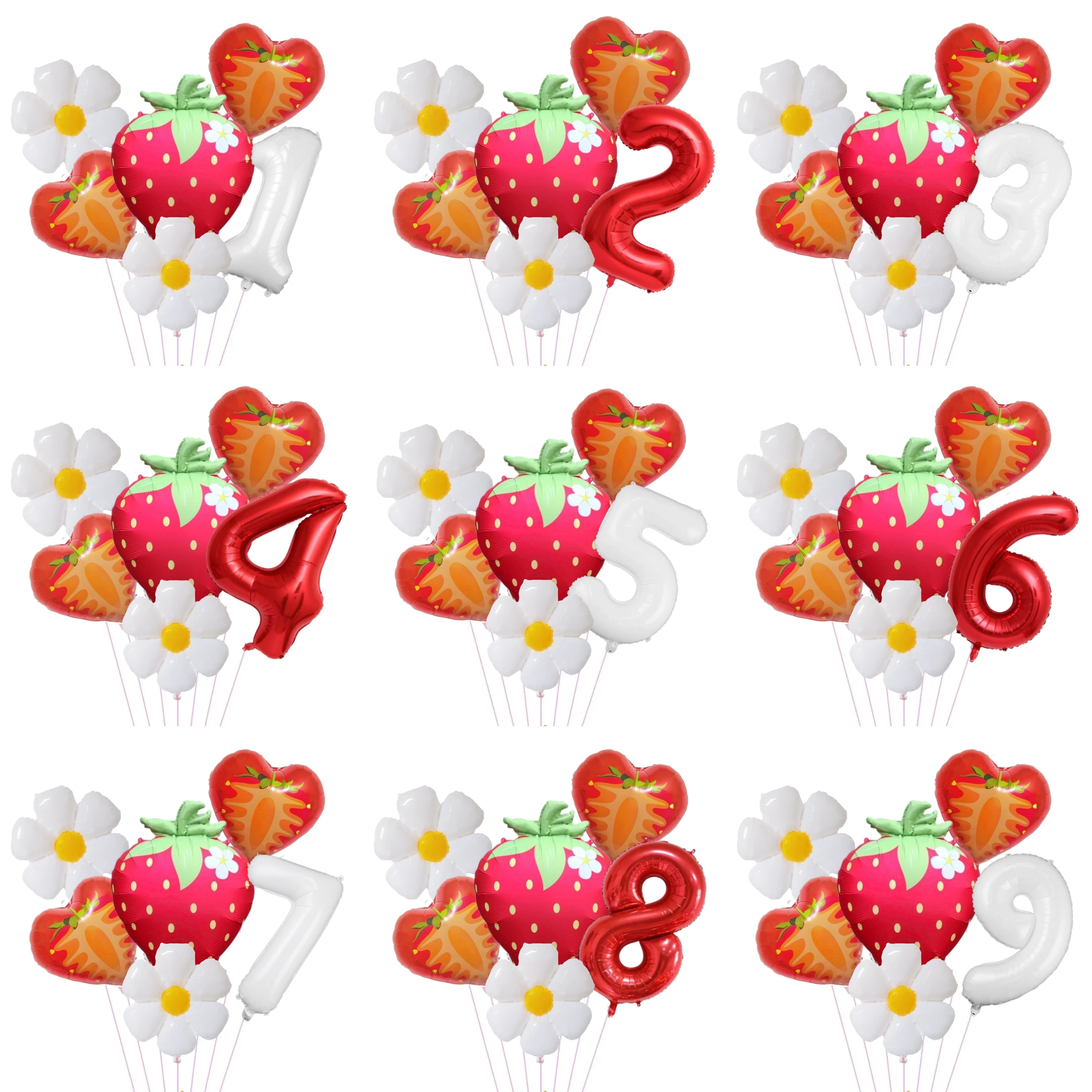 6 Stück 32 Zoll 0-9 digitales Erdbeer- und Gänseblümchen-Folienballon-Set, Geburtstagsfeier, Babyparty, Kinderspielzeug, Party-Dekoration