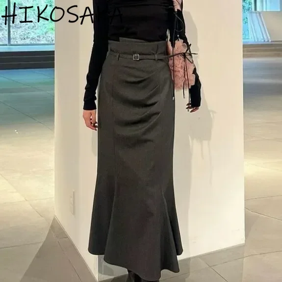 Japan Style Chic Vintage High Waist Skirt Women Elegant Pleated Slim Fit Midi Length Jupe 2024 Fall New Office Lady Faldas Mujer