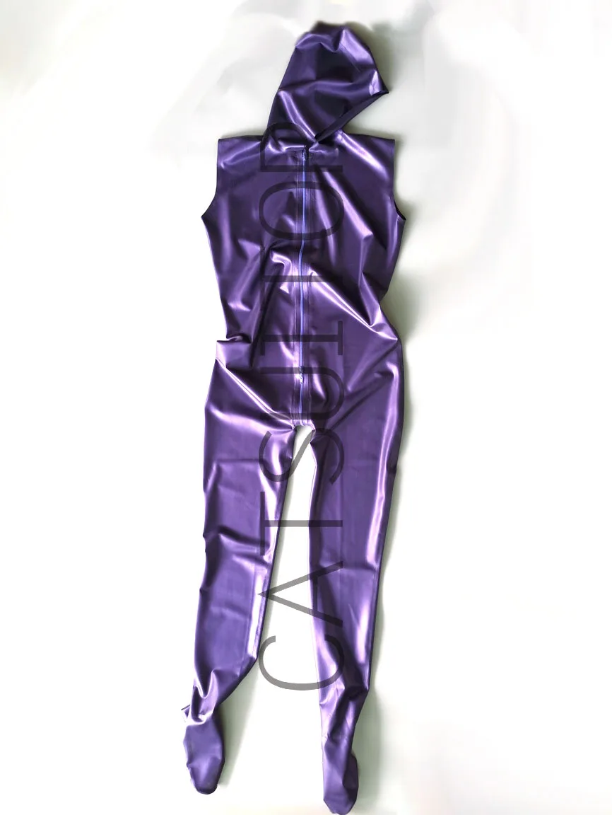 New arrived men's latex jumpsuit rubber catsuit with cap in metallic purple sleeveless