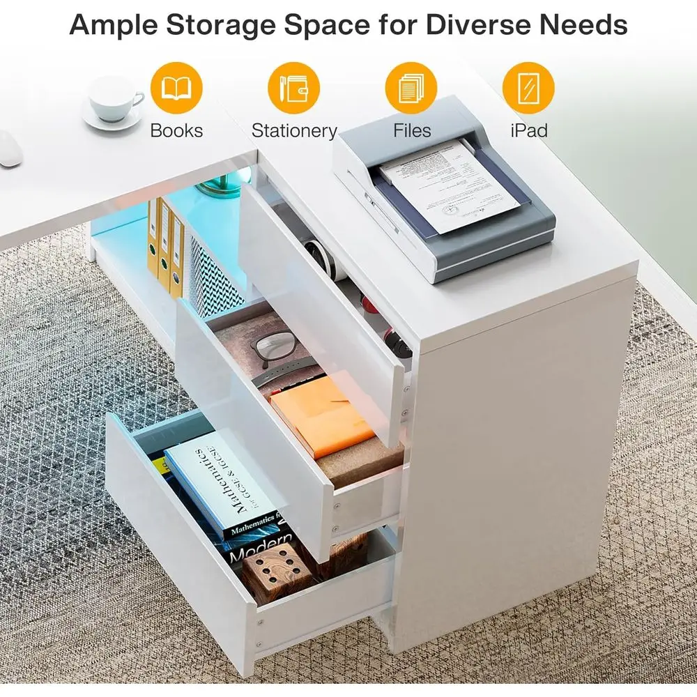 55 مكتب على شكل حرف L مضاء بإضاءة LED مع 3 أدراج ورفين للمكتب المنزلي أو الدراسة