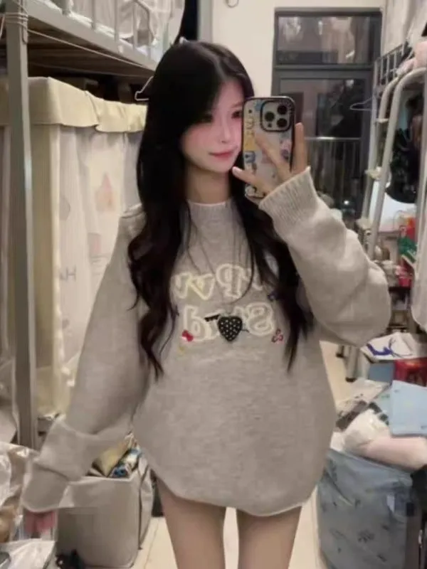 

Retro Korean ey Knitted Sweater Women's Long Sve Letter Embroidery Loose Lazy Sle Warmth Autumn Winter Faionable