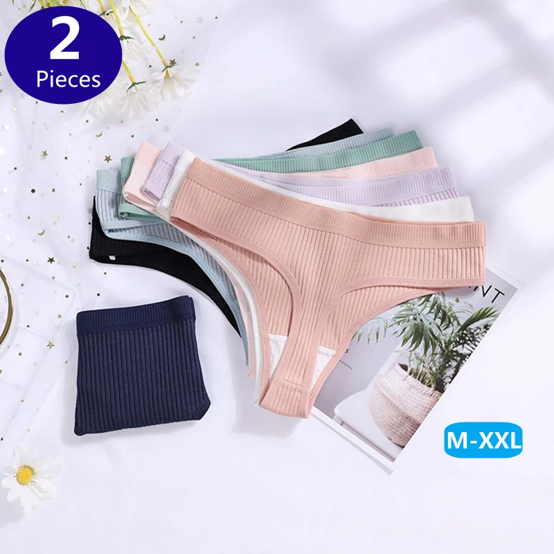 2 Pcs G-string Panties Cotton Women Sexy Underpants Ladies Ribbed Thong Solid Color Low Waist Bikini Briefs Underwear Plus Size