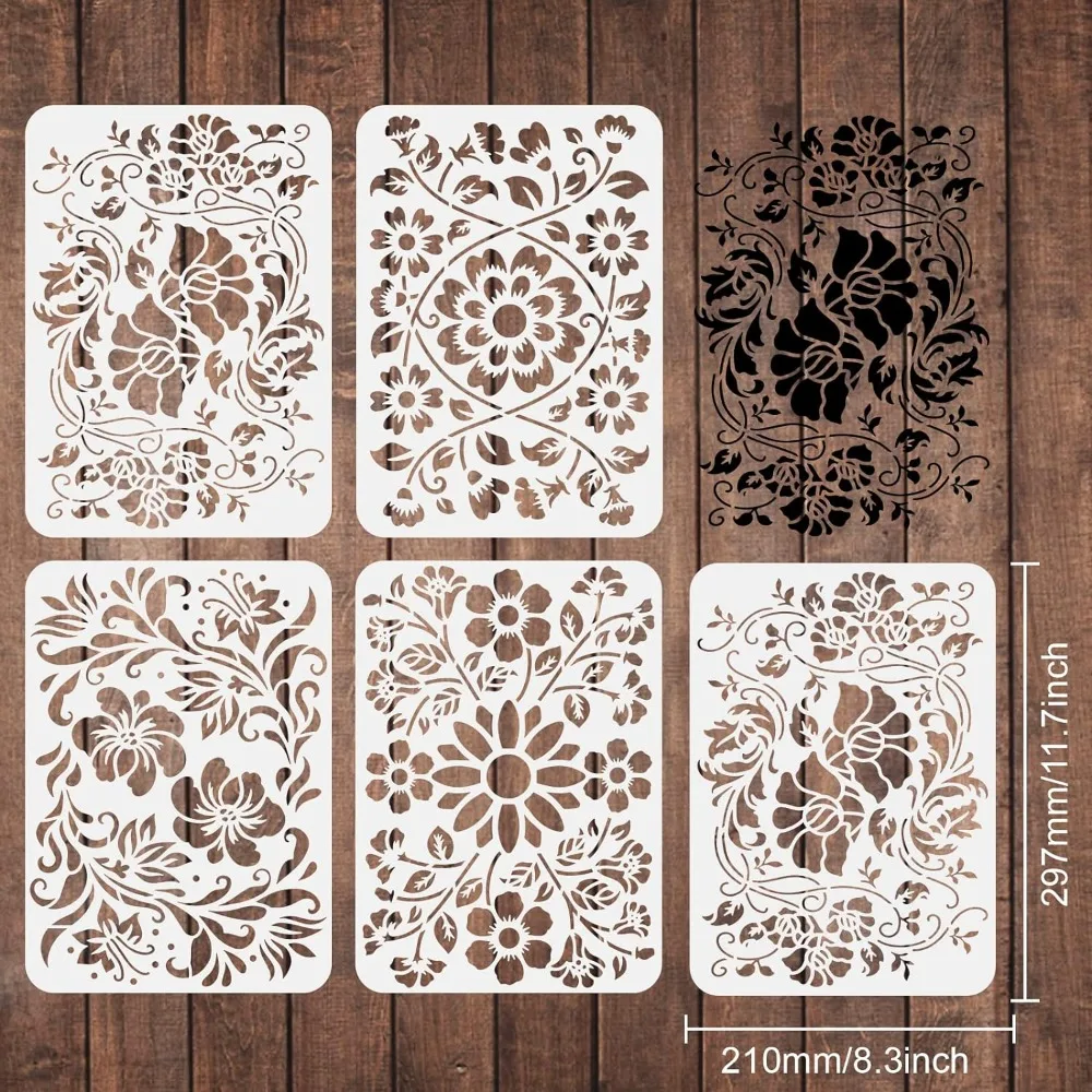 4pcs Folklore Floral Stencils, 11.7x8.3 inch Flourish Stencils for Painting, Flower Stencils for Painting on Wood and Canvas