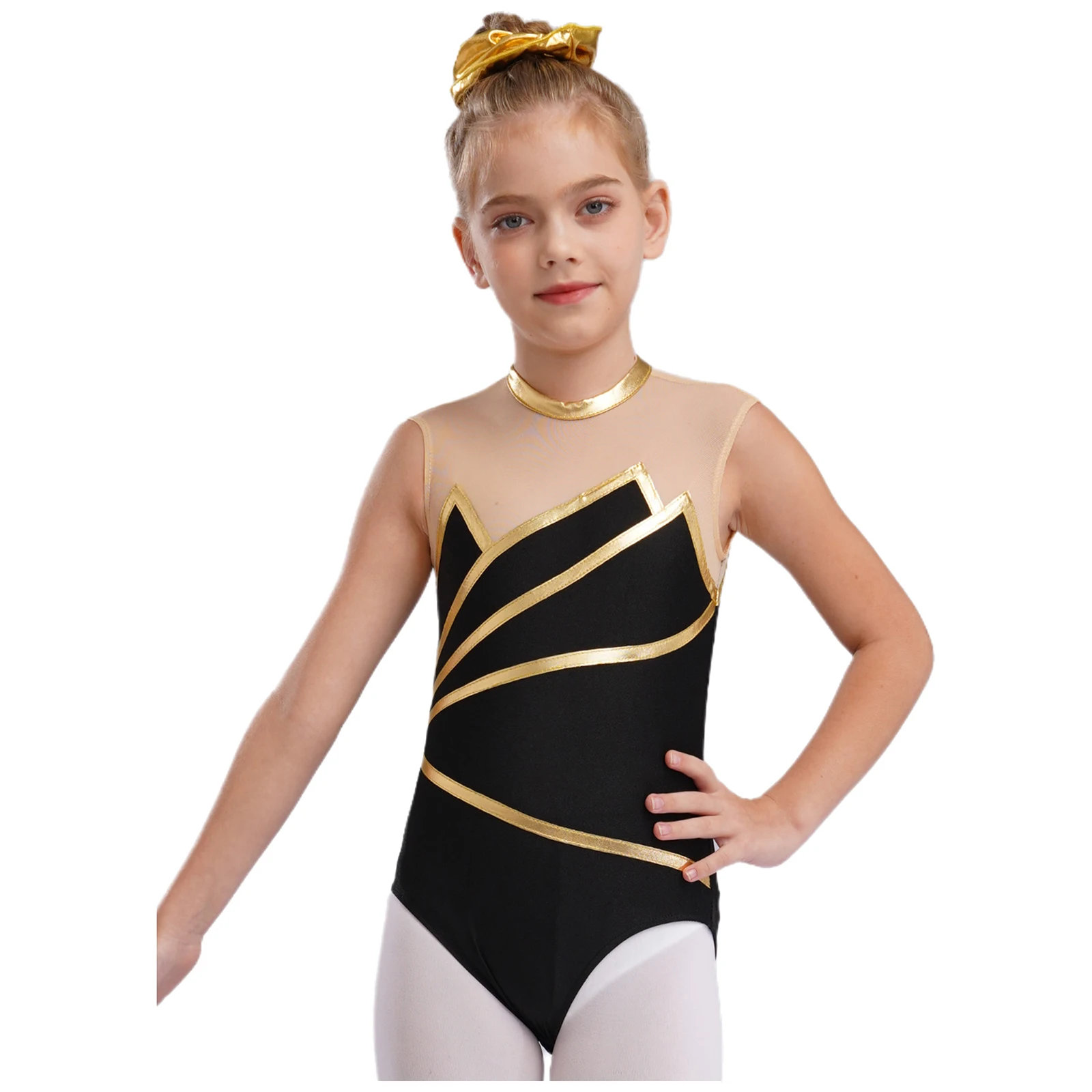 Kids Girls Jazz Hip Hop Street Dance Performance Outfit Modern Dancewear Metallic Shiny Striped Gymnastics Leotards with Pants