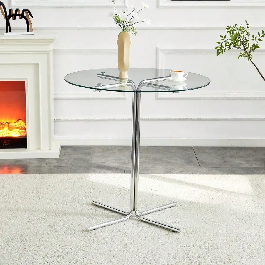 

Round Glass Bar High Table 36 Inch Round Bar Table Tempered Glass Tabletop Sturdy Silver Plated Four Column Support Suitable For Transparent Round Bar Tables In Small Spaces Kitchens