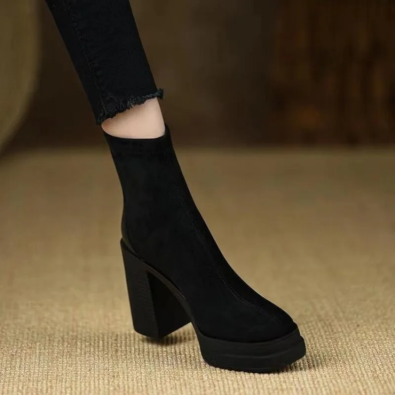 

Elastic Slim Boots Thick Heel Short Boots for Women Autumn and Winter Black Sock Boots Thick Bottom Women's Boots