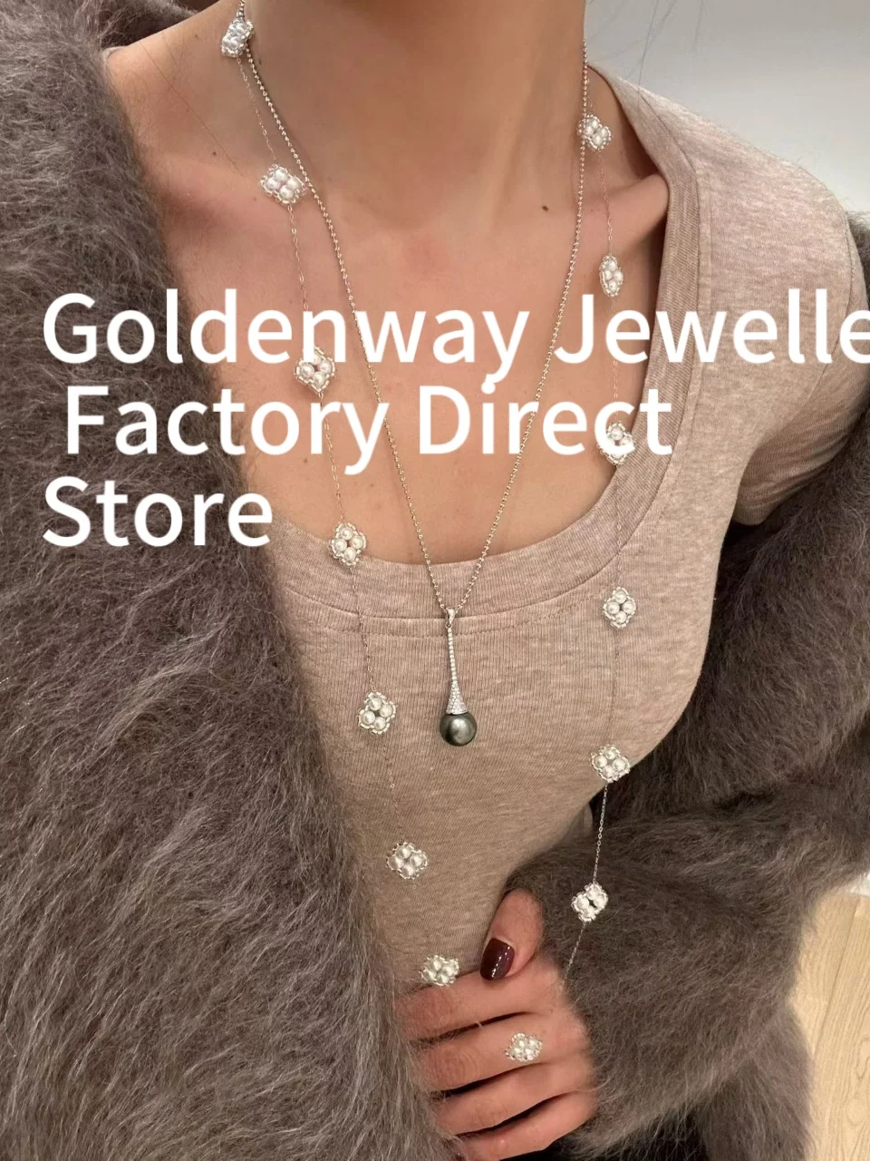 

Сертифицированная великолепная цепочка для свитера с пресноводным жемчугом и цветком, вязанная детская жемчужина, подвески с четырьмя клеверами, длинное ожерелье ручной работы, ювелирные изделия