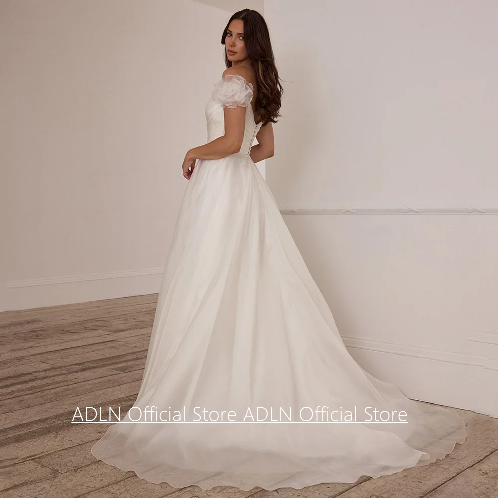 Cheap Organza Wedding Dress Customized Off The Shoulder V Neck Flowers Pleat Sweep Train Bridal Gown Back Zipper Buttons