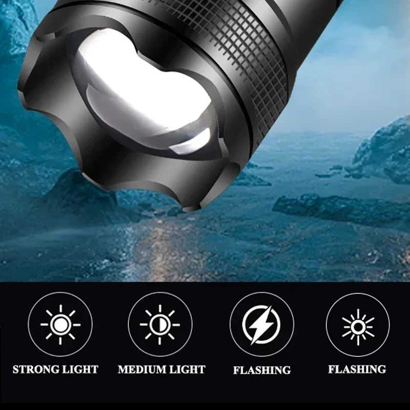 5000LM Ultra Bright Tactical Light Built-in Battery Powerful P70 LED Flashlights Emergency Spotlight Telescopic Zoom Flash Light