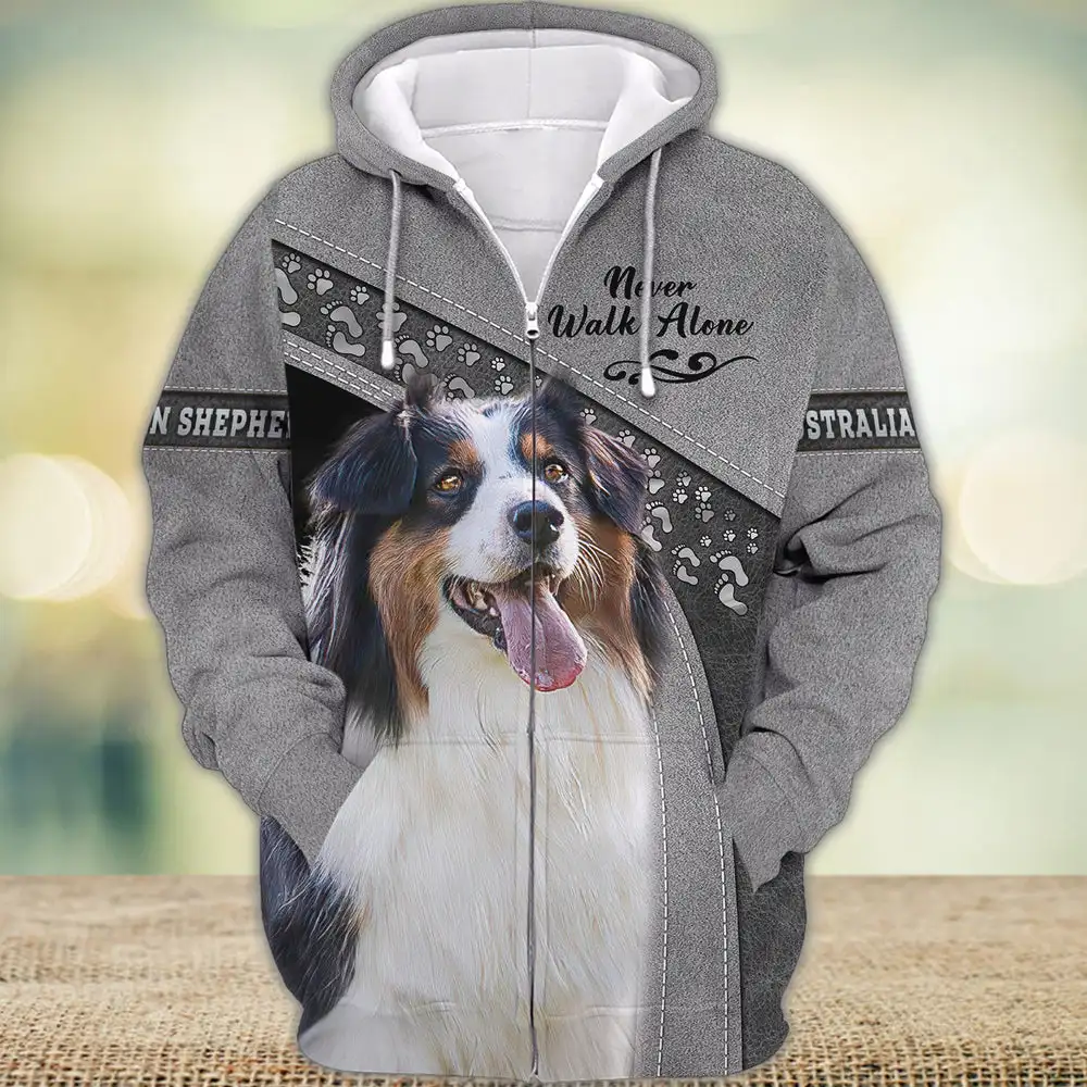 

HX Animals Dogs Zip Coats Australian Shepherd Never Walk Alone 3D Printed Hoodies Fashion Men Women Clothing Dropshipping