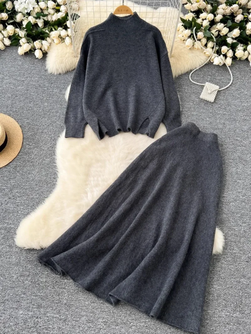 Lazy Style Knitted Warm Sweater Two-piece Set Women Wear Autumn and Winter Pullover Loose Long-sleeved Sweater High Waist Skirt