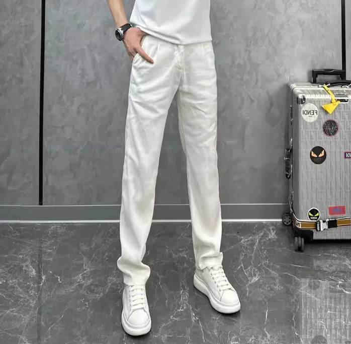

Высококачественные комфортные белые льняные спортивные повседневные брюки для мужчин, облегающие, роскошные, длинные, тонкие, модные, летние, в стиле кэжуал