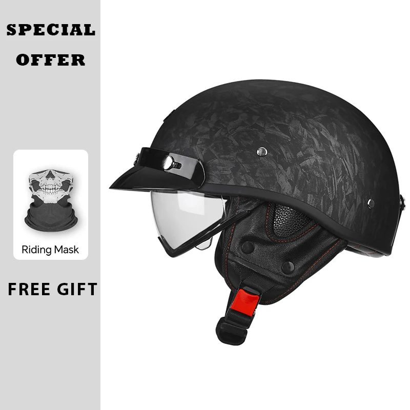 Retro Half Face Motorcycle Helmets Built in HD Visor DOT Approved Vintage 1/2 Open Half Helmet with Inner Lens