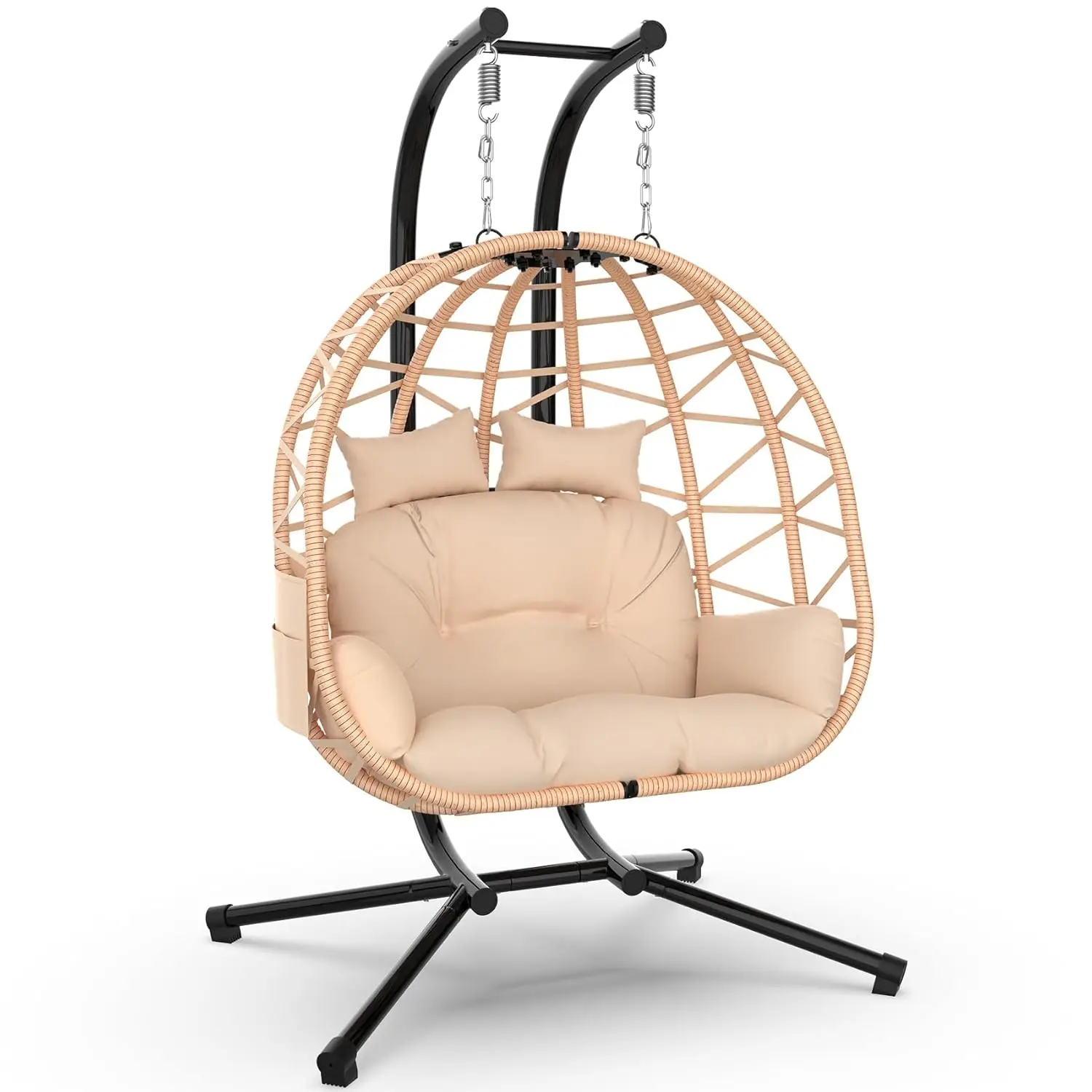 

Double Egg Chair With Stand 2-Person Rattan Wicker Swing UV-Resistant Cushion Pillow Indoor Outdoor Patio 450lb, Customized