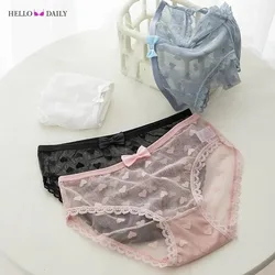 Japanese Sweet Girl Mid-Waist Panties Female Lace Bow Heart Pattern Mesh Cotton Crotch Briefs Women's Mesh Cotton Crotch Panties