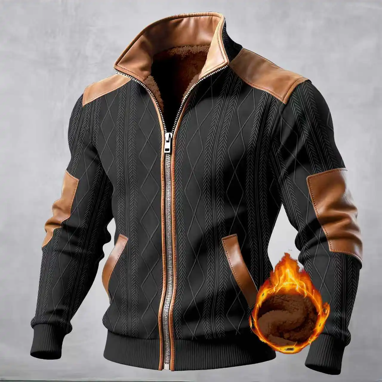 Men's Fleece Lined Leather Patchwork Zipper Warm Jacket Spring Autumn Bestseller Casual Biker Coat