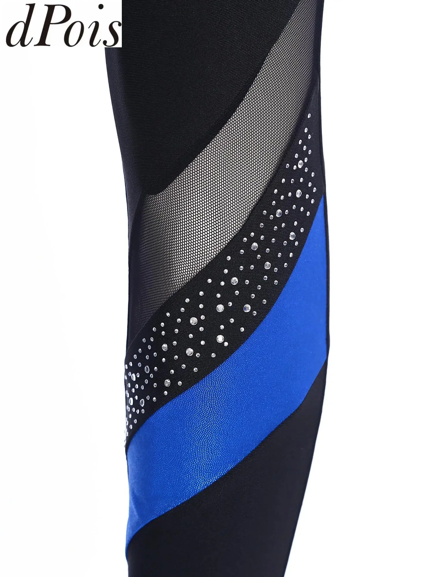 Body da donna in jersey da ginnastica artistica Body completo Tuta da ballo di pattinaggio di figura Body a maniche lunghe in rete con strass lucidi