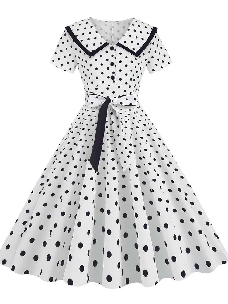 

Turn-Down Collar Vintage Polka Dot Summer Dresses for Women 2023 Elegant Buttons Short Sleeve Midi Party Dress