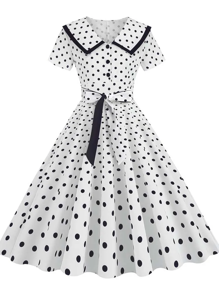 Turn-Down-Kragen Vintage Polka Dot Sommerkleider für Frauen elegante Knöpfe Kurzarm Midi Party kleid