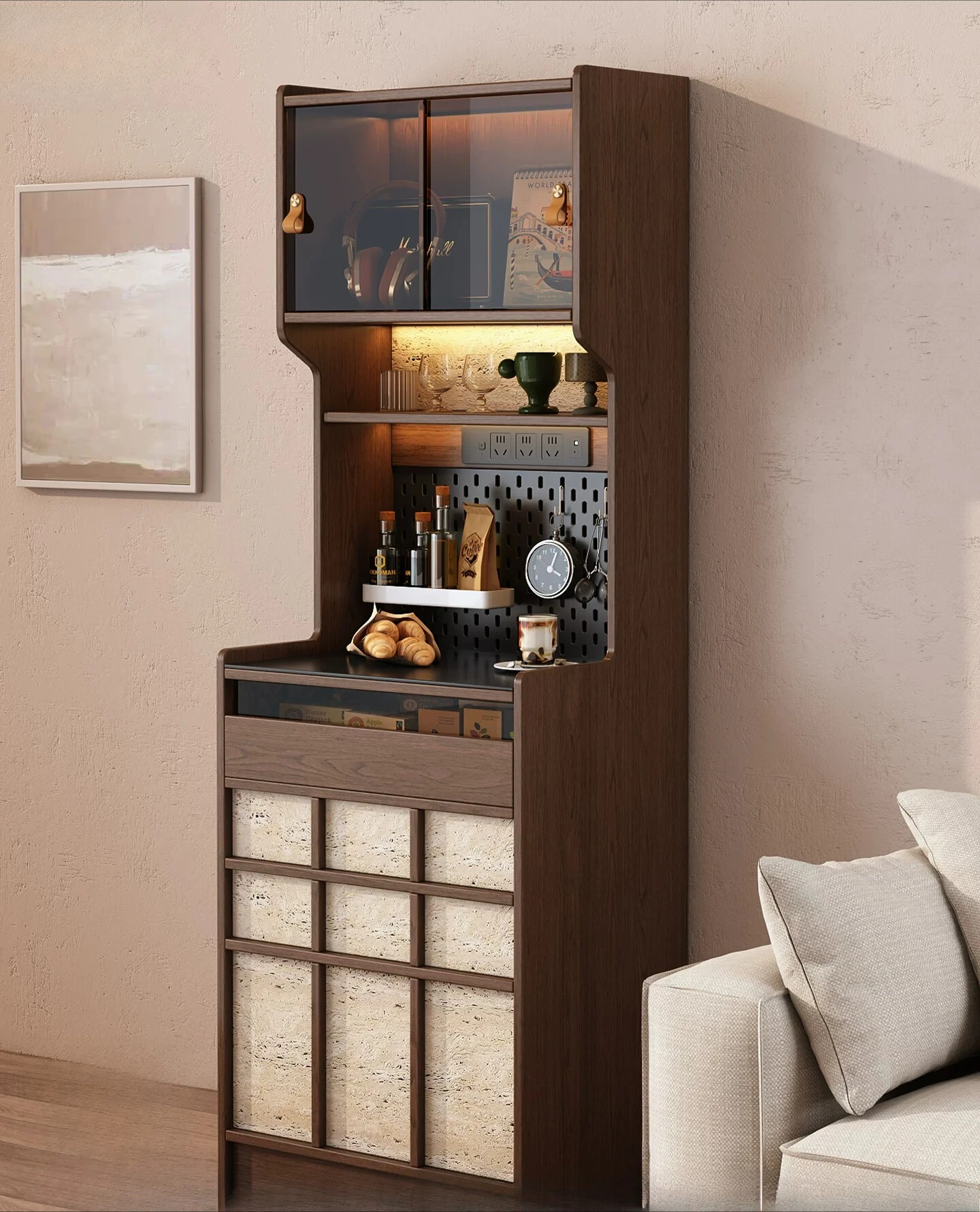 

PYJ's new medieval solid wood dining side cabinet is stored against the wall, integrating retro home rock slab tea cabinet