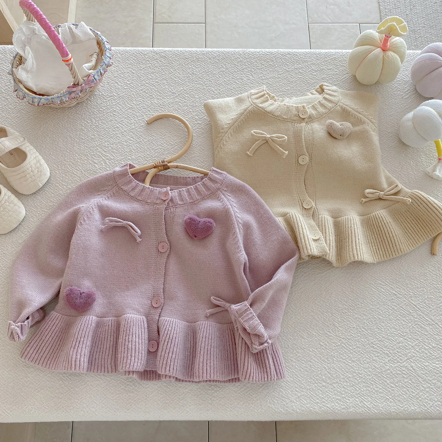 2025 Autumn New Baby Three-dimensional Love Knitted Jacket Baby Girl Cute Versatile Sweater Cardigan