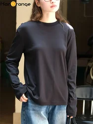 HanOrange 2024 Autumn Simple Texture Cotton Long Sleeve T-shirt Women Skin Friendly Comfortable Loose Top Tees White/Black