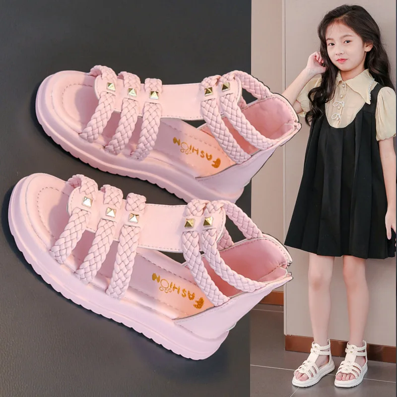 Summer Kids Peep-Toe Roman Sandals Children Soft-Soled Princess Beach Shoes Girls Open-Toe Woven Casual Sandals Everyday Casual