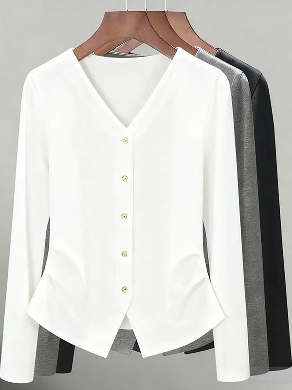 Nouveau haut décontracté polyvalent pour femme, coupe ample, long, à manches longues, col en V, asymétrique, tendance, amincissant, automne 2025