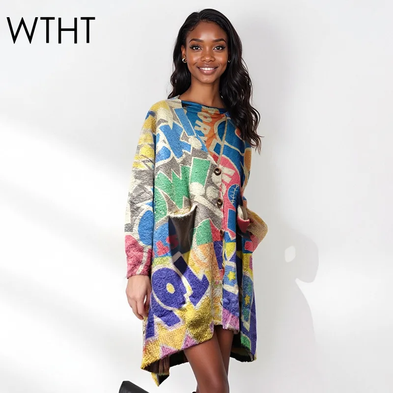 

WTHT Fashion Women's Letter Print Knit Long Cardigan 2025 Autumn Trendy V-neck Long Sleeves Loose Sweater Female 1LS2431