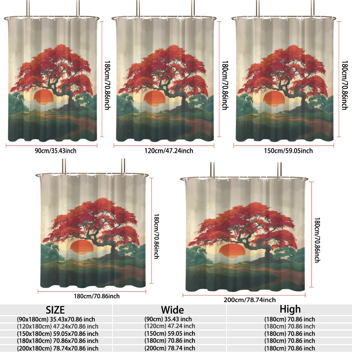 Elegant Oriental Scenery Large Red‑Foliage Tree With Huge Orange Setting Peaceful Green Grass Country Path Misty Hills Pattern