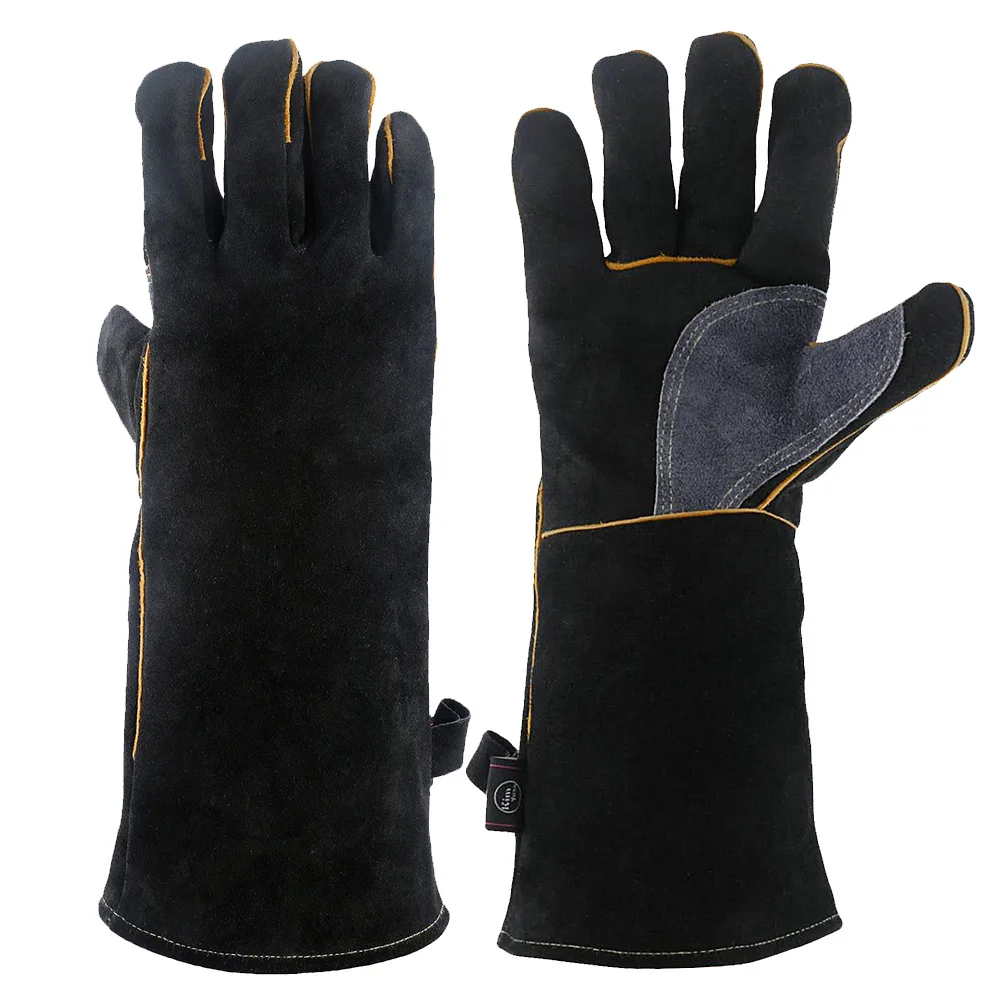 

14 Inch Heavy Duty Protective Gloves Thickened Double Layer Cowhide Heat Resistant Work Mitts for Furnace Firewood