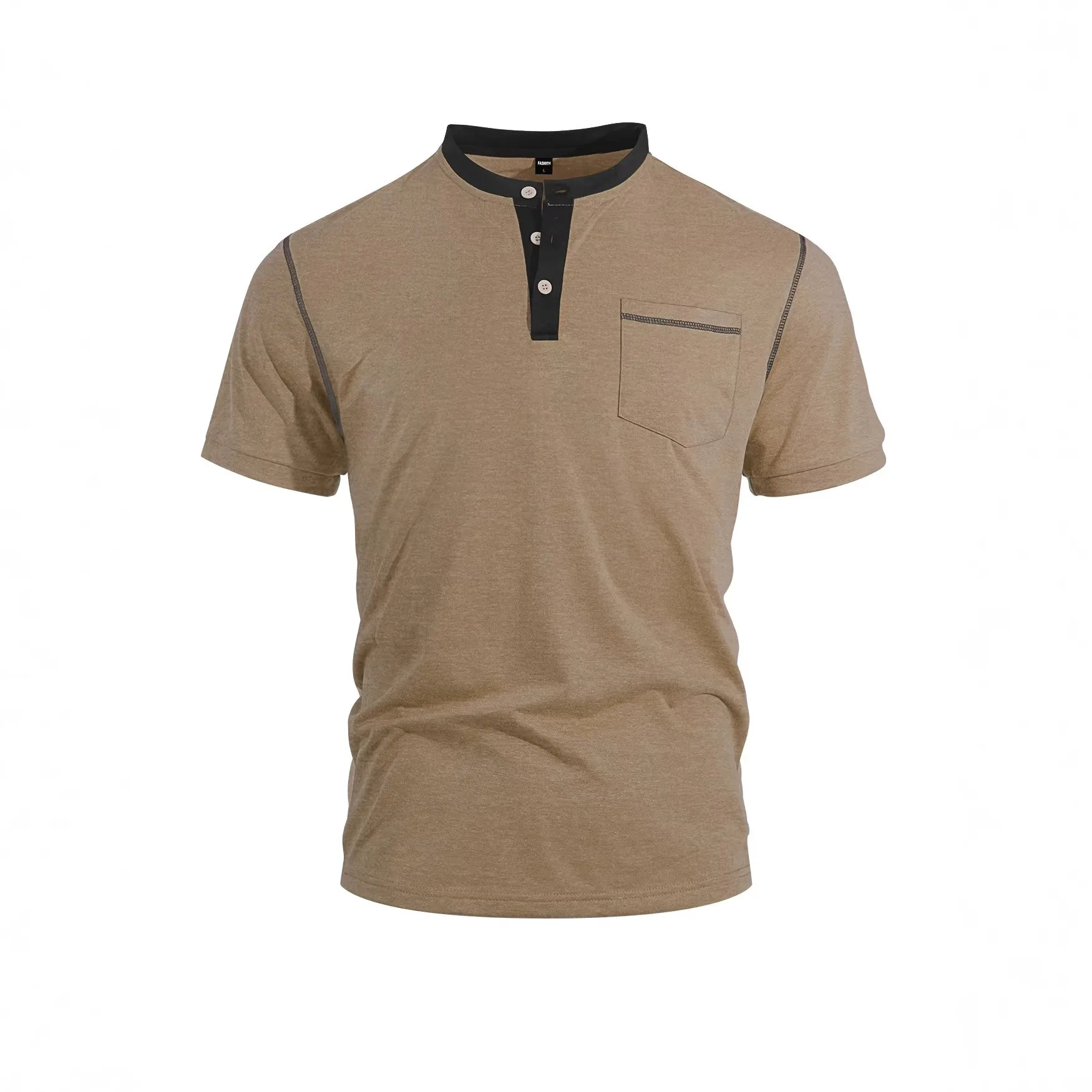 

Men Clothing Shirt Summer Cotton T Shirt Button Front Top Loose Fit Short Sleeve Casual Solid Color Chest Pocket Relaxed Fit