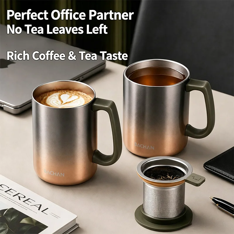 460ml SUS316 Stainless Steel Tea Mug with Tea Infuser Tea Water Separation Desktop Coffee Cup with Lid Handle Office Mug