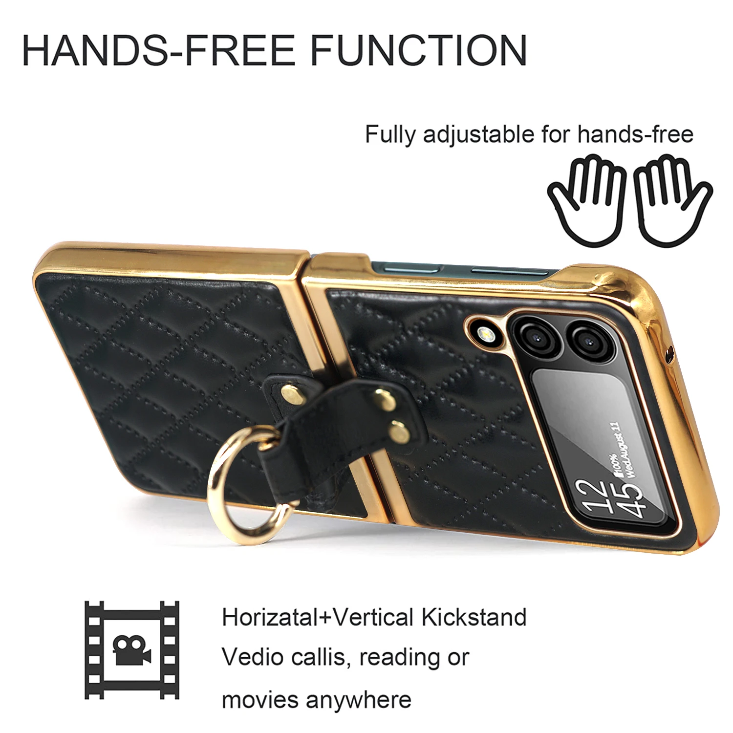 Vietao Luxus-Leder-Handyhülle für Samsung Galaxy Z Flip 8/7/6/5/4/3 mit vergoldetem Ringständer – Objektivschutzfolie, Pink – Detail 9