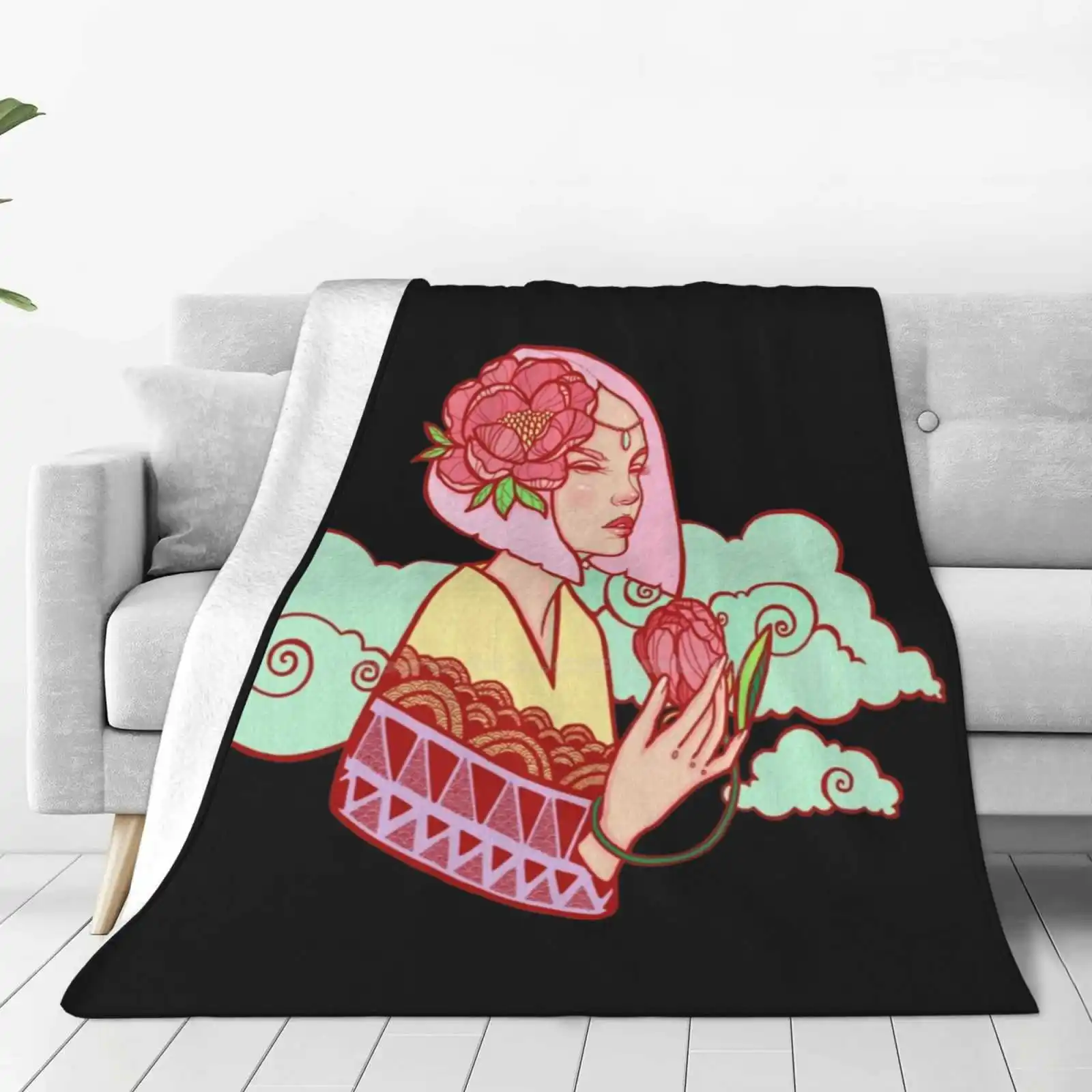 Peony Latest Super Soft Warm Light Thin Blanket Portrait Fantasy Pastel Peony Girl Japanese Kimono Laura Tanuwidjaya Pink