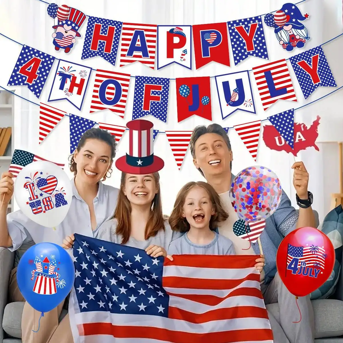 独立記念日250周年パーティー飾り付け-アメリカ建国記念日-プルフラッグ-バルーン-ケーキトッパー-アレンジメント