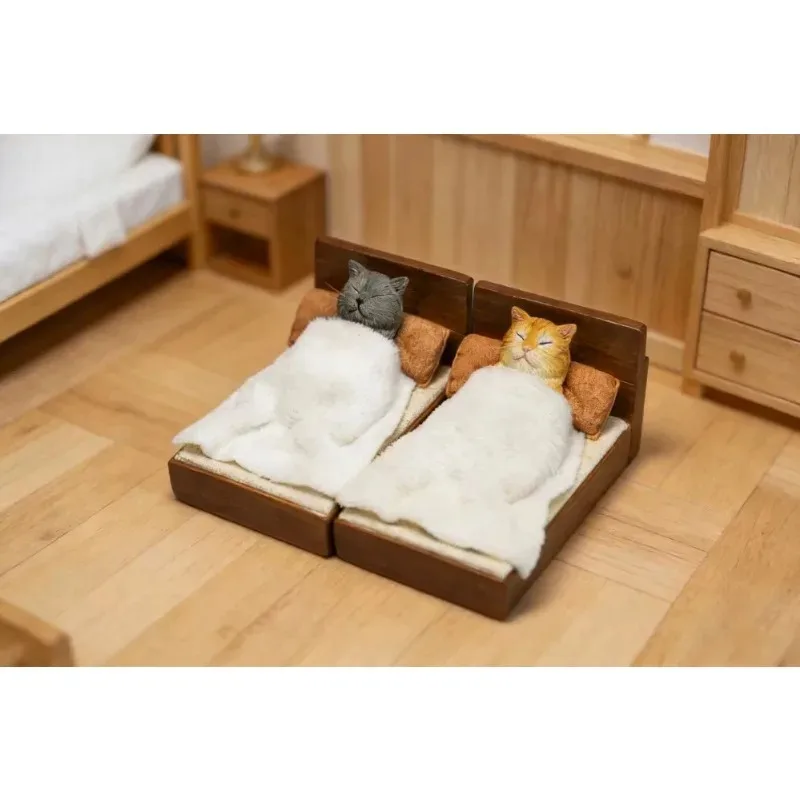 En stock JXK&small Figurines d'animaux simulées à l'échelle 1/6 Accessoire Modèle Chat endormi avec lit Décorations de scène