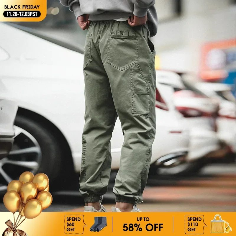 

Maden Vintage Drawstring Green Pants Men's Spring Fall Elastic Waist Harem Style Casual Trousers Letter Print Joggers Bottoms