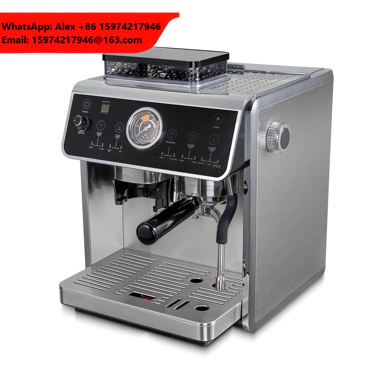 Electric Stainless Steel Commercial Household Semi-automatic Espresso Coffee Machine With Grinder Multi-function