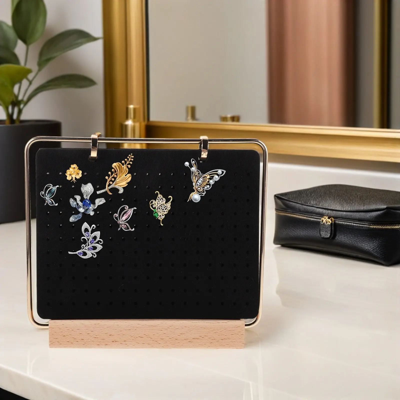 6-Page Felt Pin Display Board Wooden Base Brooch Enamel Jewelry Organizer Storage Holder for Desk Shelf Display Collection