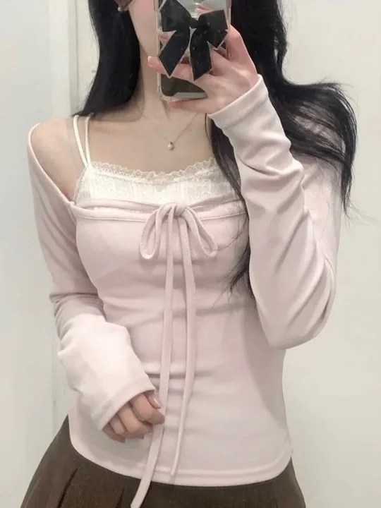 

Уникальная футболка SEI Gentle Ballet Sle Long Sve, женская облегающая универсальная футболка с переплетом, корейская осенняя одежда в раннем стиле