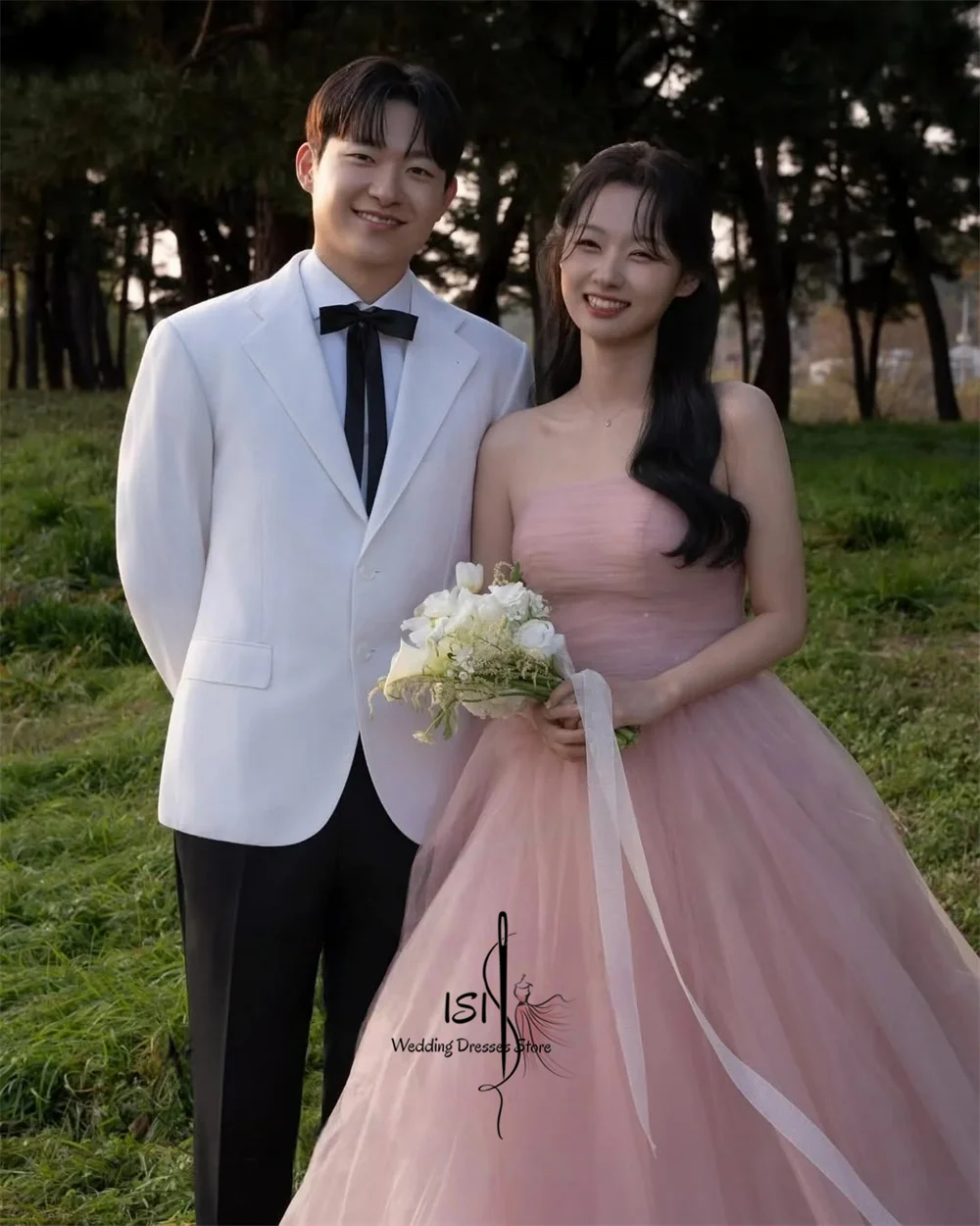ISI Pink Strapless Korean Evening Dresses Customized A Line Party Dress Soft Tulle Sweet Wedding Reception Dress 저녁 드레스