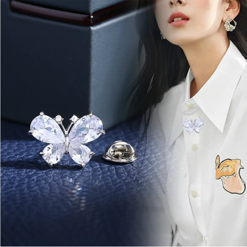 Cute Butterfly Brooch White Rhinestone Brooches for Women Wedding Couple Jewelry Aesthetic Zircon Crystal Pin Shawl Button Gifts