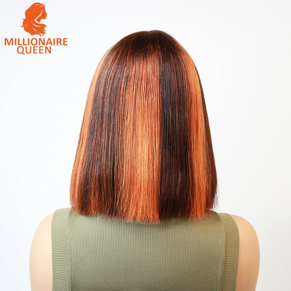 Vietname Super Double Drawn Bone Straight 2x6 Bob Wig with 100% Human Hair Orange Highlight 250% Density For Black Women