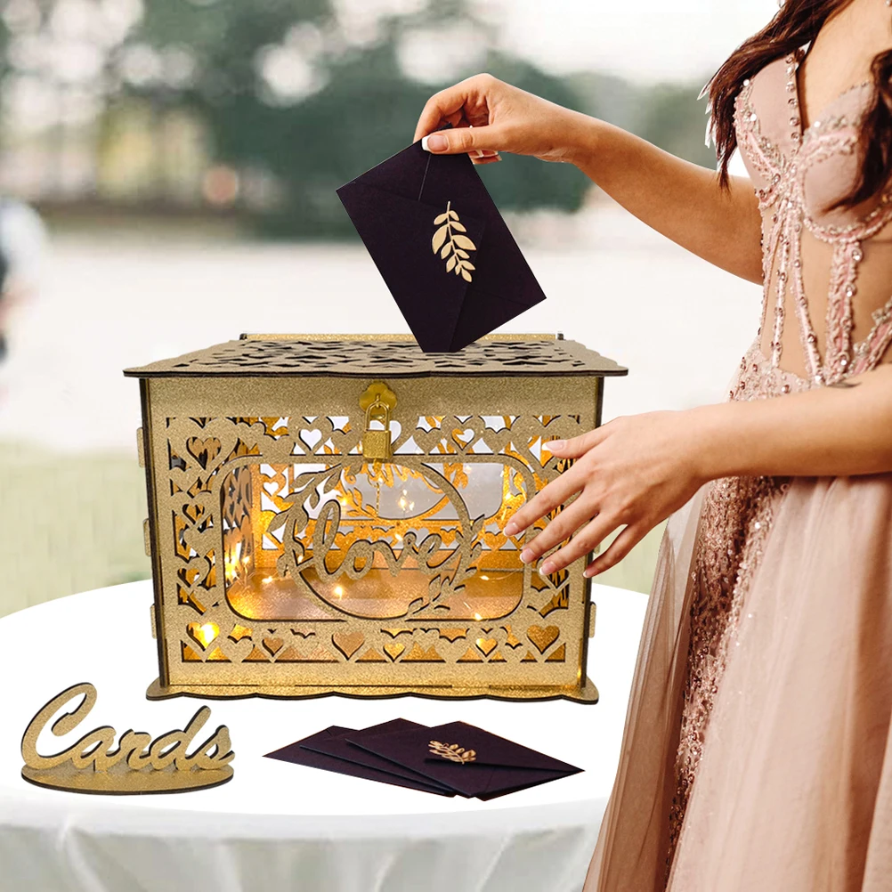 

Wooden Hollow Greeting Card Box Decorative Storage Container for Wedding Birthday Party Anniversary Celebration