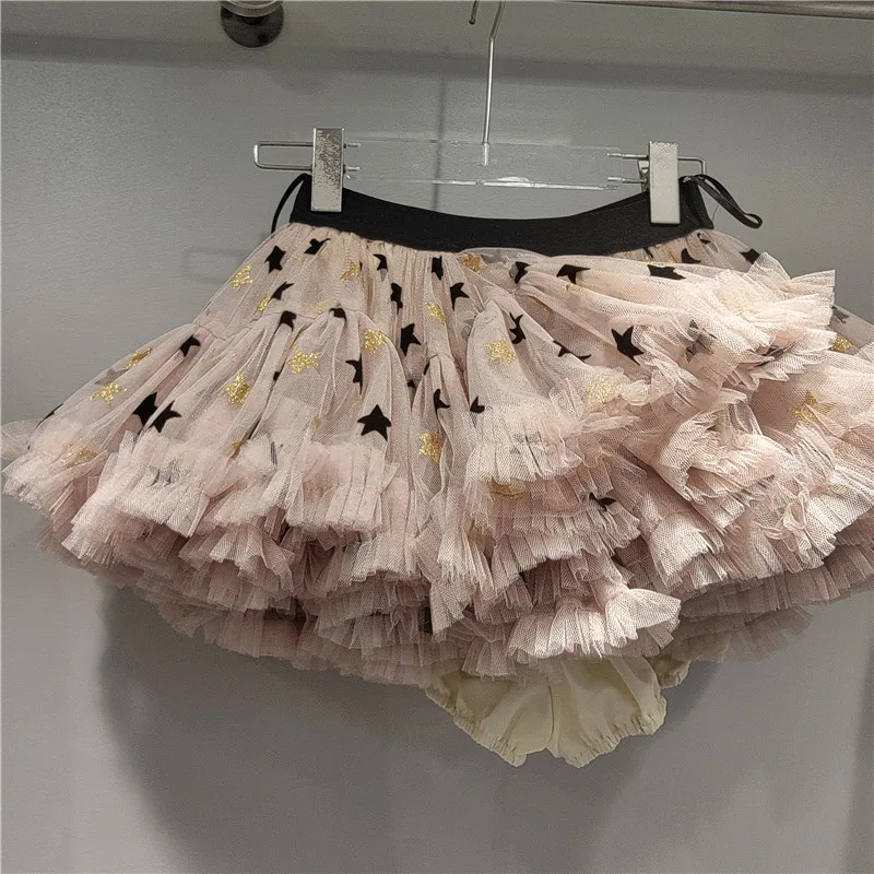 2026 spring and summer new style sweet and elegant golden star pattern multi-layer mesh short skirt puff skirt fashion