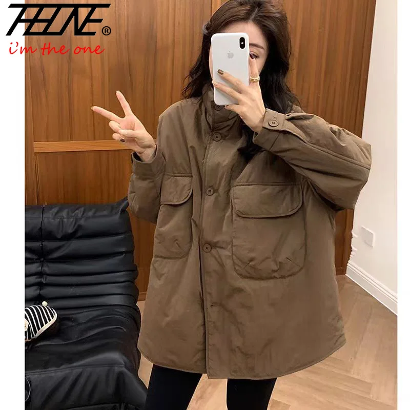 

THHONE зимние парки для женщин 2025 с подкладкой в Корейском стиле, повседневная свободная теплая винтажная утепленная одежда для женщин, пальто, куртки, верхняя одежда