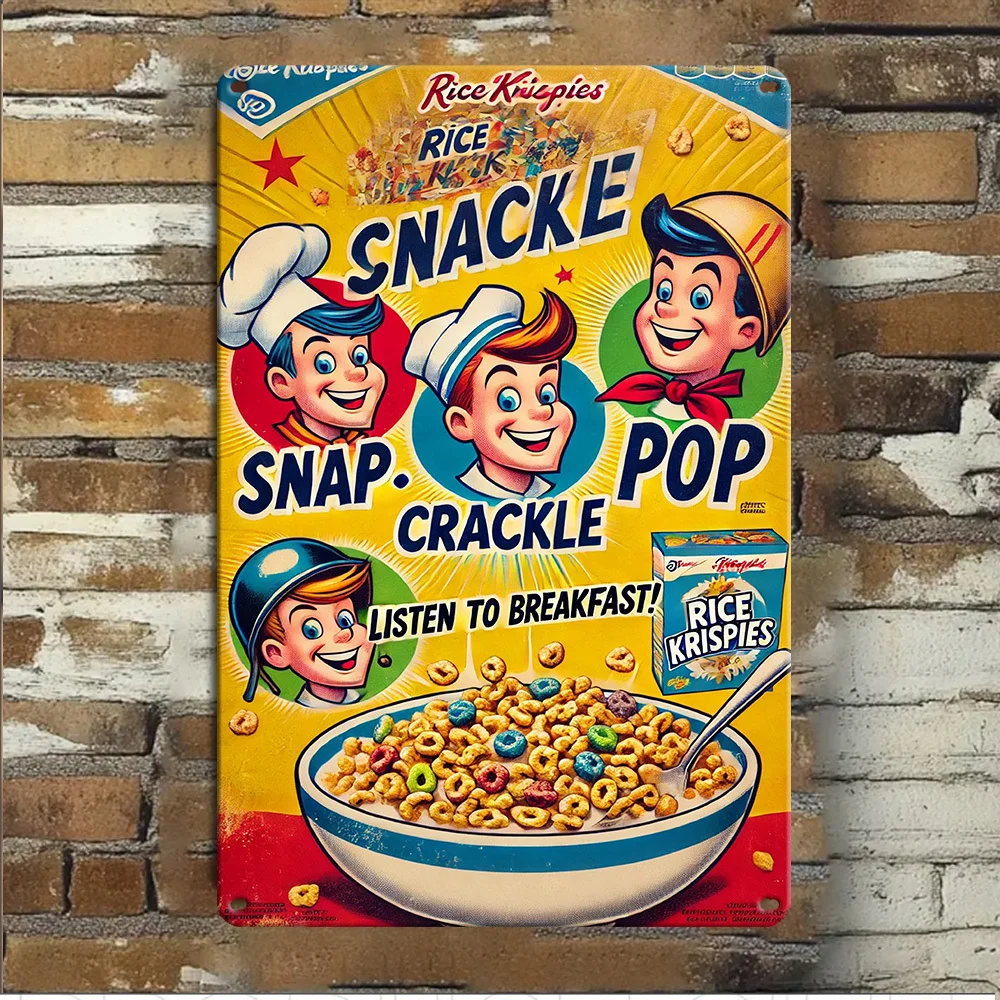 2D Flat,  Rice Krispies Metal Tin Sign Wall Art - Vintage 3 Brothers Breakfast Cereal Advertising Decor for Home, Kitchen, Cafe,