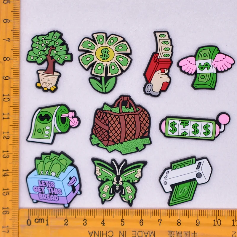 1/10Pcs Cartoon Cute Cash Dollar Soft PVC Shoe Charms Money Tree Cash Bag Pattern For Slides Sandals Ornaments DIY Decor Gift